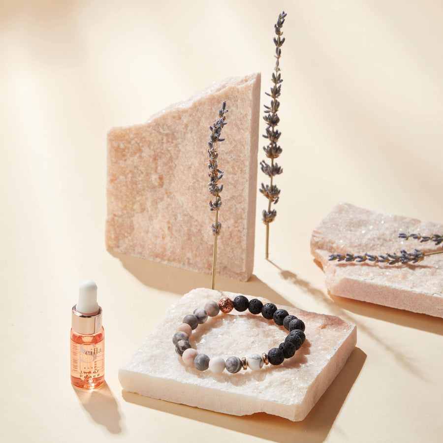 ZEBRA JASPER Lava stone & WHITE HOWLITE Bracelet Diffuser with Inner Peace Oil Scilla Rose 