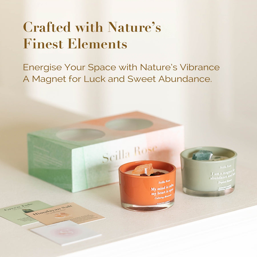 Crystal Healing & Affirmation Aromatherapy Candle Set - Calming Moments & Tropical Shower scented candles Scilla Rose 