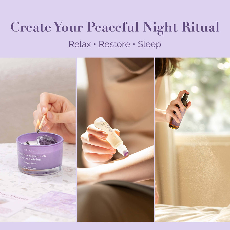 Inner Peace – Gift of Sleep | Scilla Rose Calming Bedtime Gift Set with Pillow Spray, Crystal Candle & Essential Oil Rollerball Sleep Aids Scilla Rose 