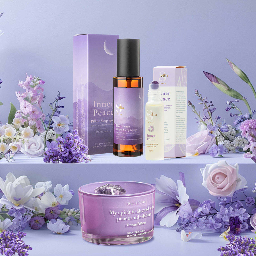 Inner Peace – Gift of Sleep | Scilla Rose Calming Bedtime Gift Set with Pillow Spray, Crystal Candle & Essential Oil Rollerball Sleep Aids Scilla Rose 