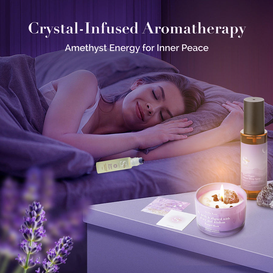 Inner Peace – Gift of Sleep | Scilla Rose Calming Bedtime Gift Set with Pillow Spray, Crystal Candle & Essential Oil Rollerball Sleep Aids Scilla Rose 