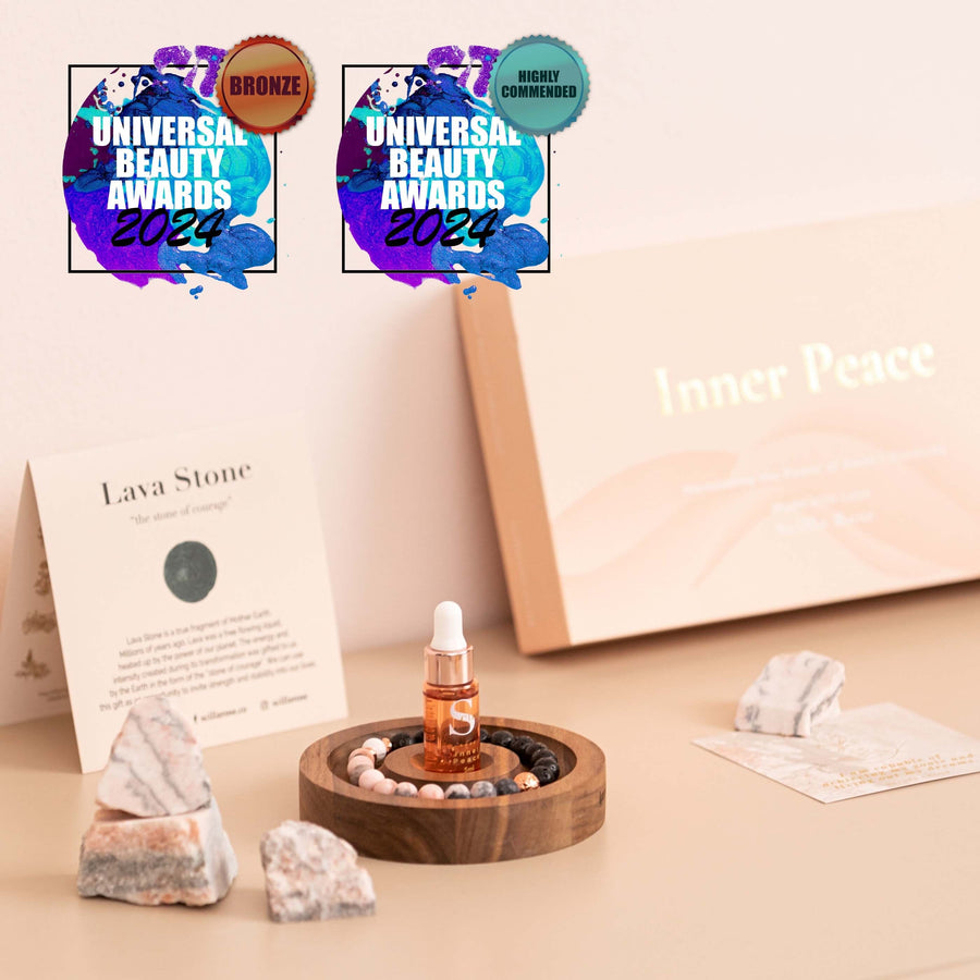 Inner Peace Gift Set for Women, Anxiety Bracelet, Essential Oil Diffuser with Black Walnut Wooden Plate Aromatherapy Scilla Rose 