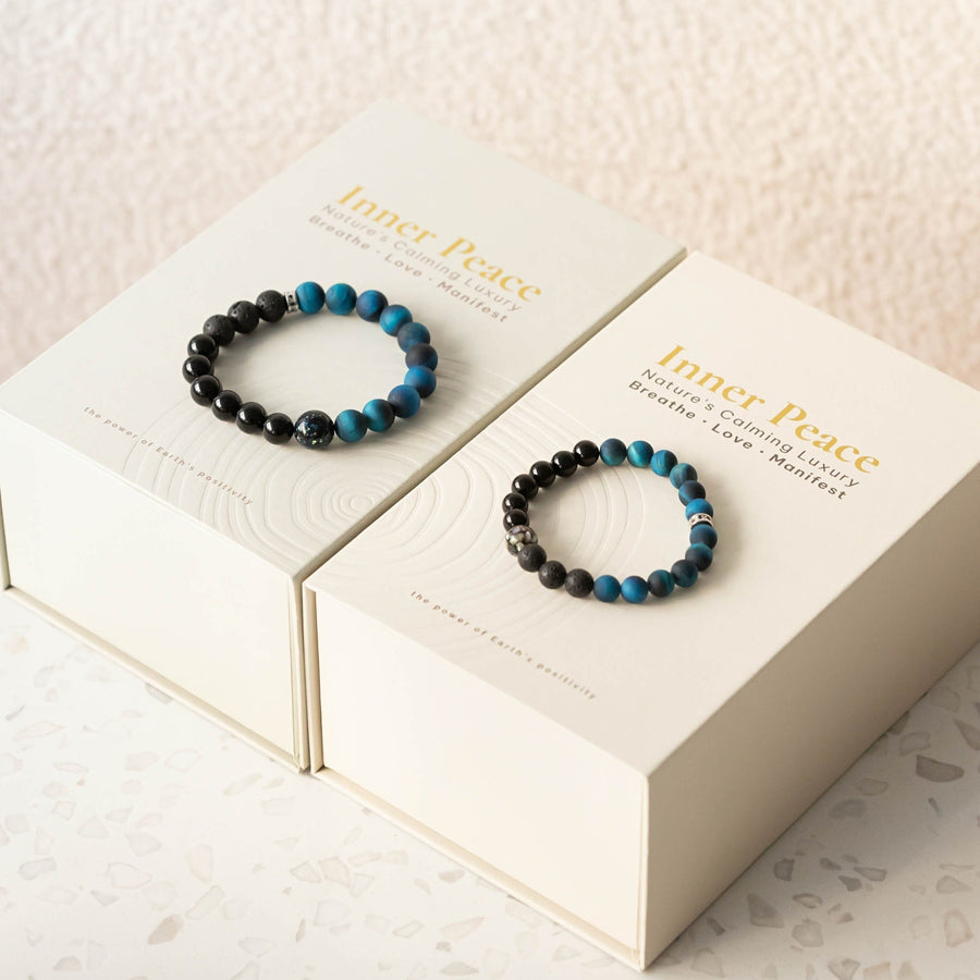 Inner Peace® Collection: Precious Love Edition - Blue Tiger Eye Black Obsidian Seashell - Starlight Couple Bracelets with Calming Essential Oils Aromatherapy Scilla Rose 