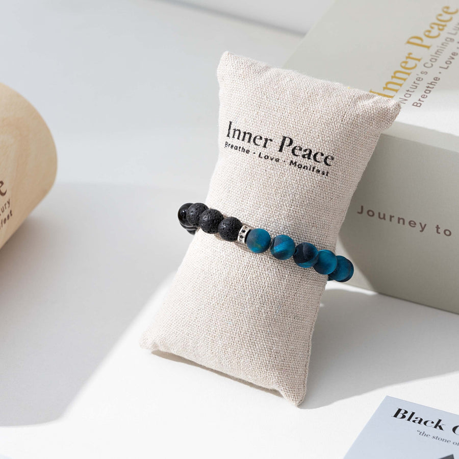 Inner Peace® Collection: Precious Love edition - Blue Tiger Eye Black Obsidian Starlight Bracelet with Blissful Woods Oil Aromatherapy Scilla Rose 