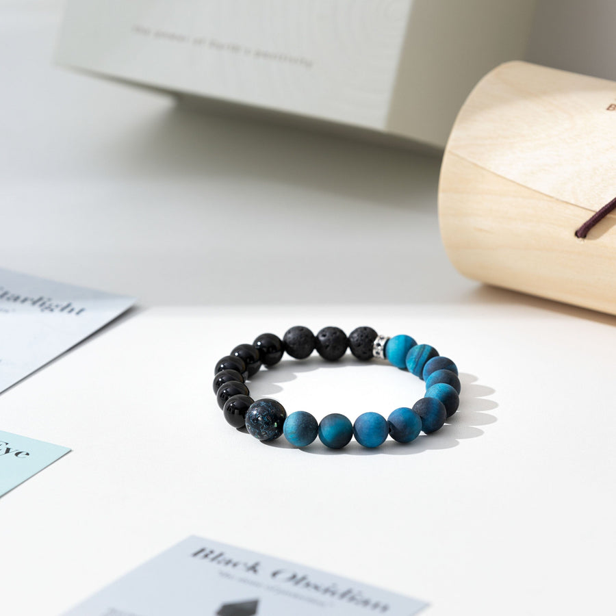 Inner Peace® Collection: Precious Love edition - Blue Tiger Eye Black Obsidian Starlight Bracelet with Blissful Woods Oil Aromatherapy Scilla Rose 