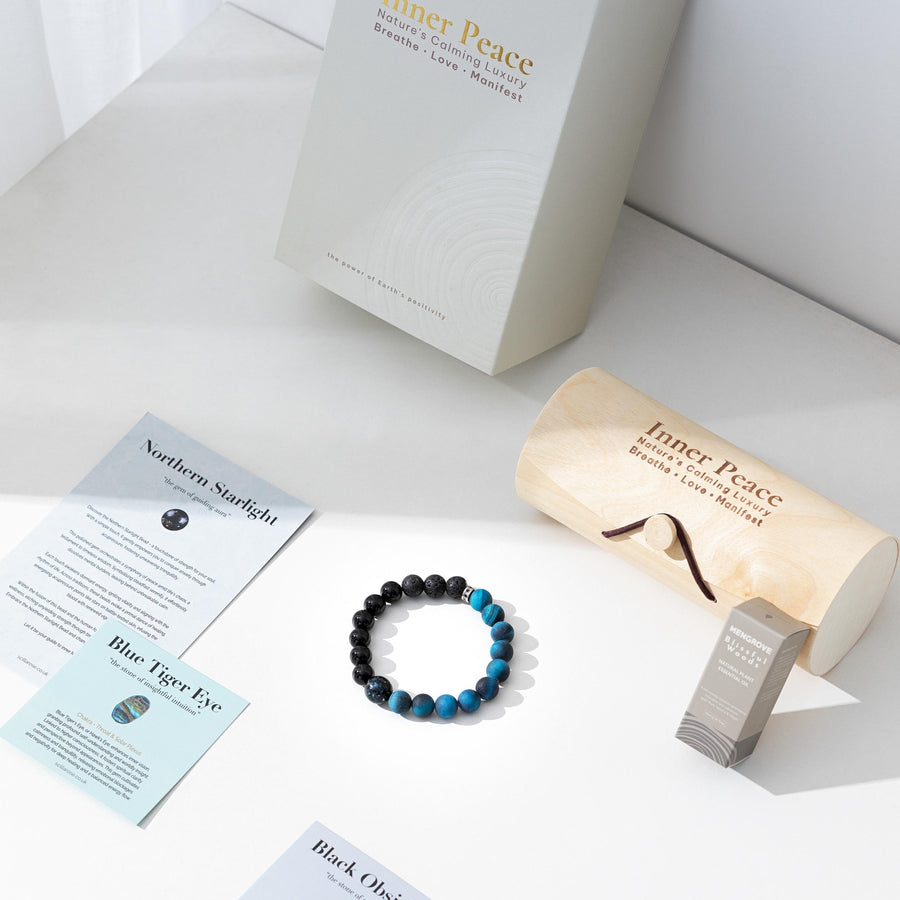 Inner Peace® Collection: Precious Love edition - Blue Tiger Eye Black Obsidian Starlight Bracelet with Blissful Woods Oil Aromatherapy Scilla Rose 