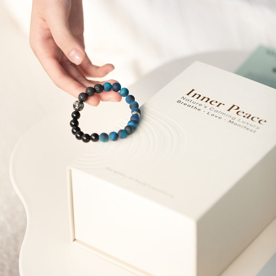 Inner Peace® Collection: Precious Love edition - Blue Tiger Eye Seashell Bracelet with Inner Peace Oil Aromatherapy Scilla Rose 