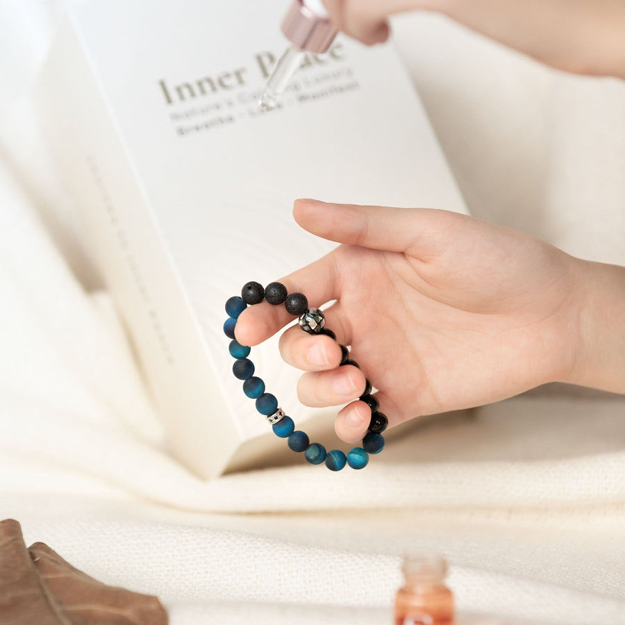 Inner Peace® Collection: Precious Love edition - Blue Tiger Eye Seashell Bracelet with Inner Peace Oil Aromatherapy Scilla Rose 
