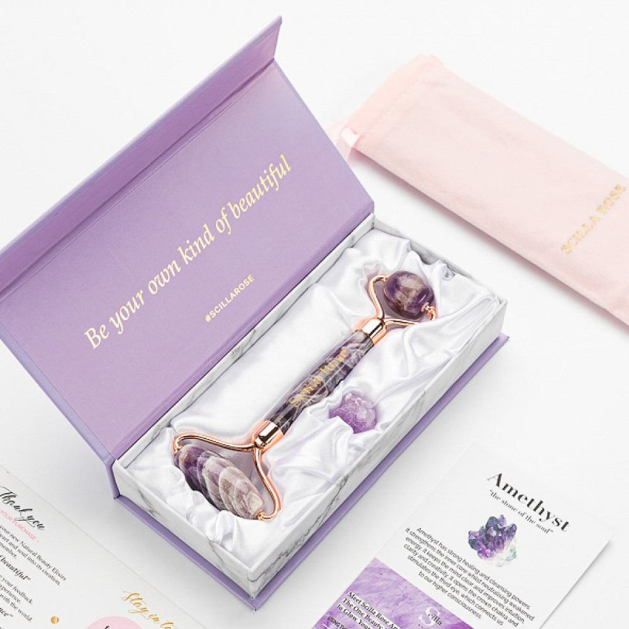 Amethyst Face Roller and Rose Quartz Gua Sha - Anti-Ageing & Beautifying Facial Massage Set Scilla Rose 