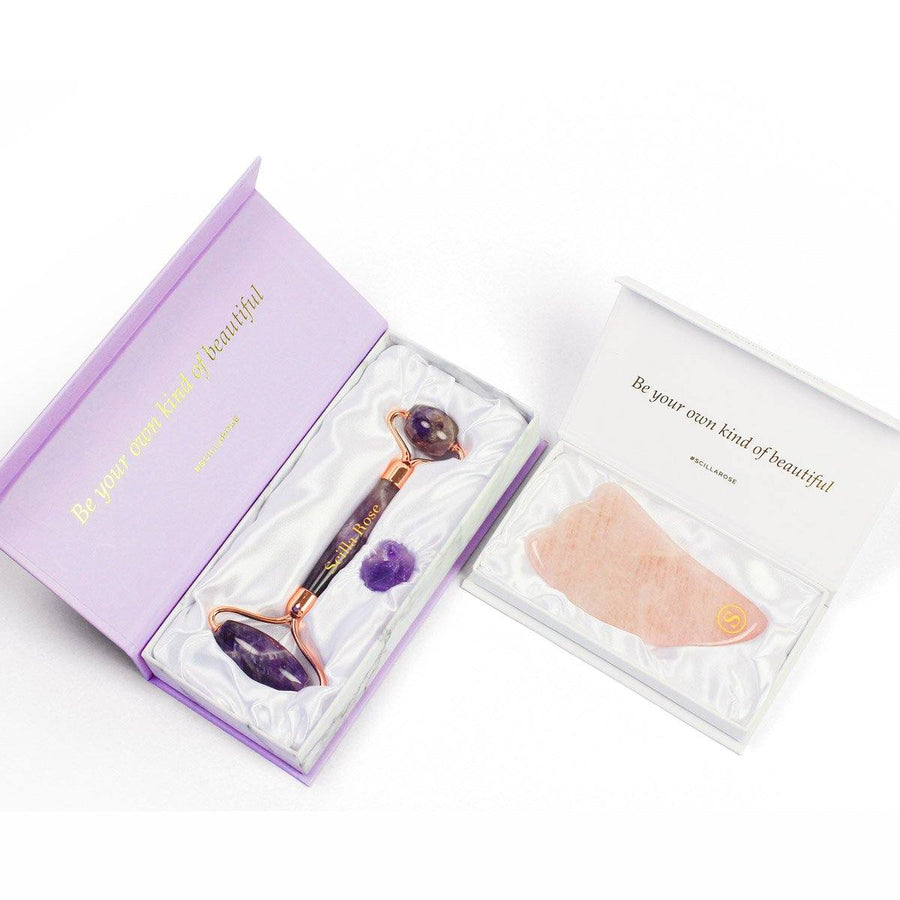 Amethyst Face Roller and Rose Quartz Gua Sha - Anti-Ageing & Beautifying Facial Massage Set Scilla Rose 