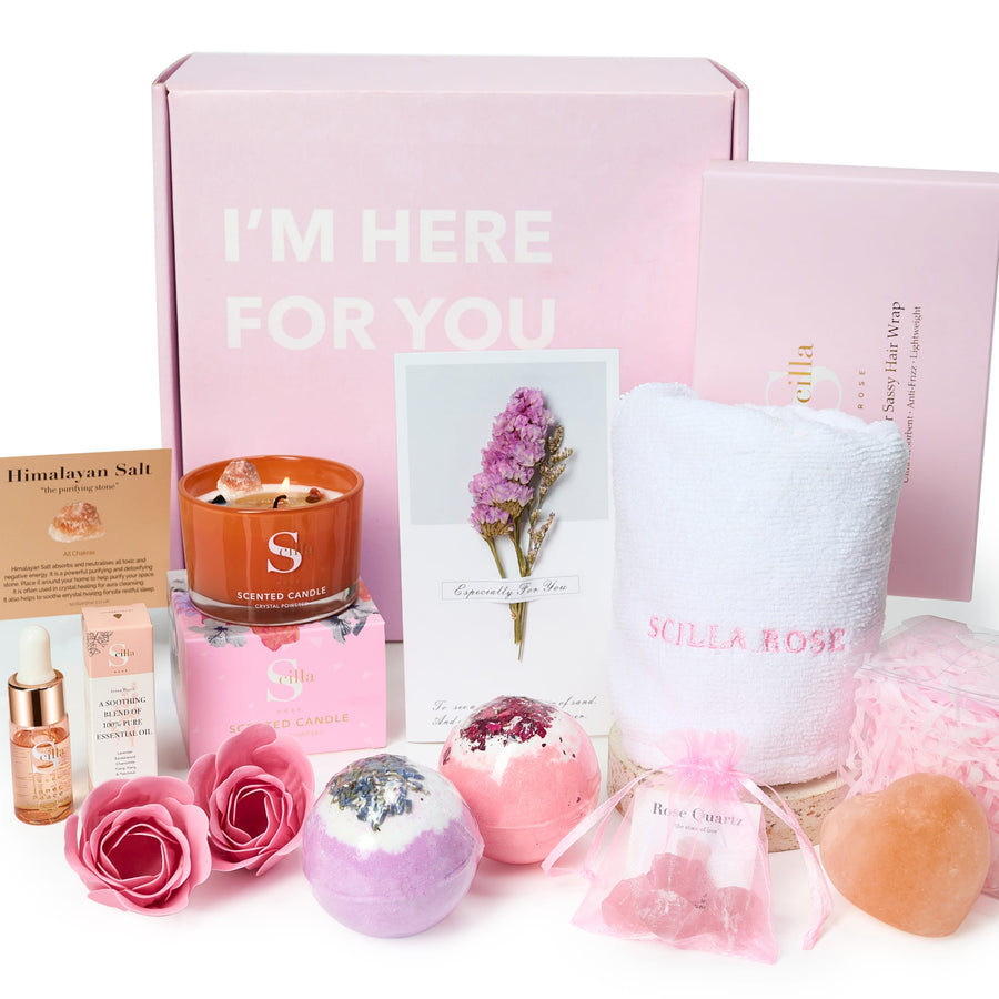 Christmas Pamper Gifts 2022 - Designed with Love, Self-Care Gift Hampers, Scented Candle, Crystals, Bath Bombs, Essential Oils, Hair Towel, Himalayan Salt pamper gifts Scilla Rose 