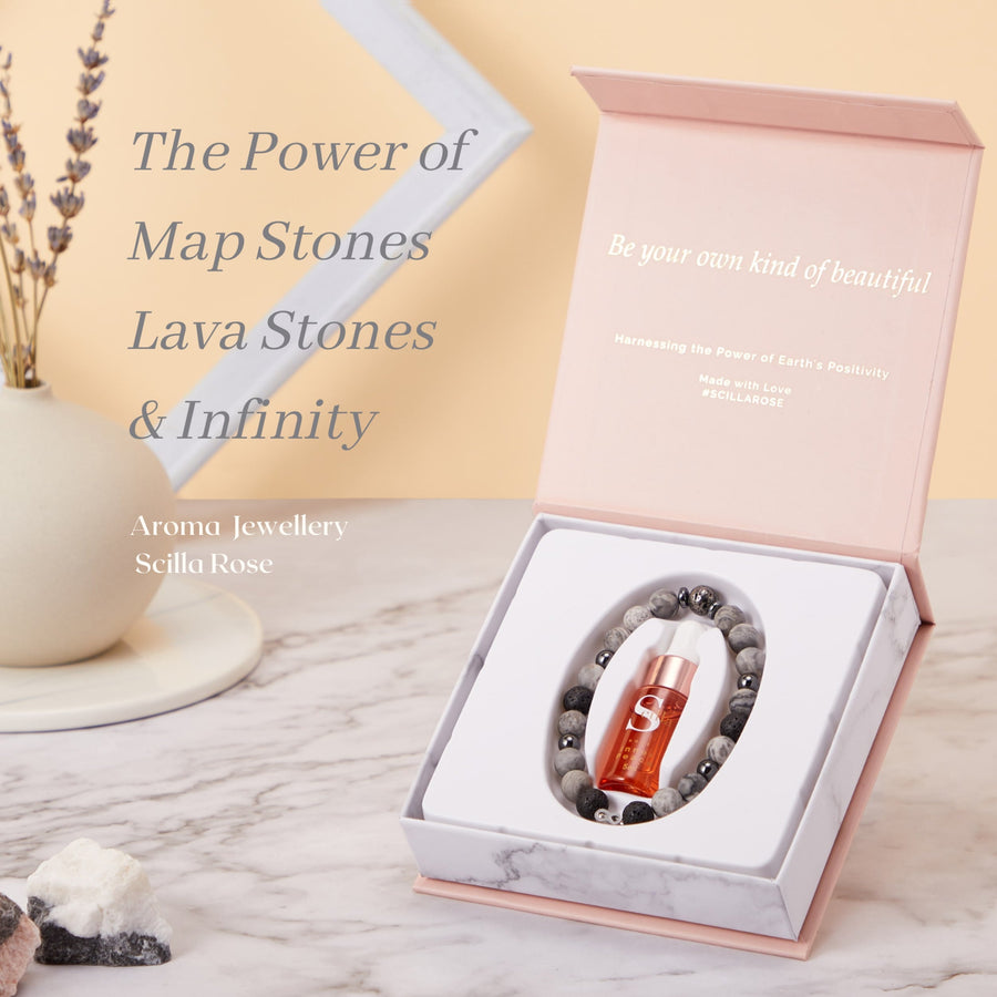 GREY JASPER Lava stone & INFINITY Bracelet Diffuser with Inner Peace Oil Aromatherapy Scilla Rose 