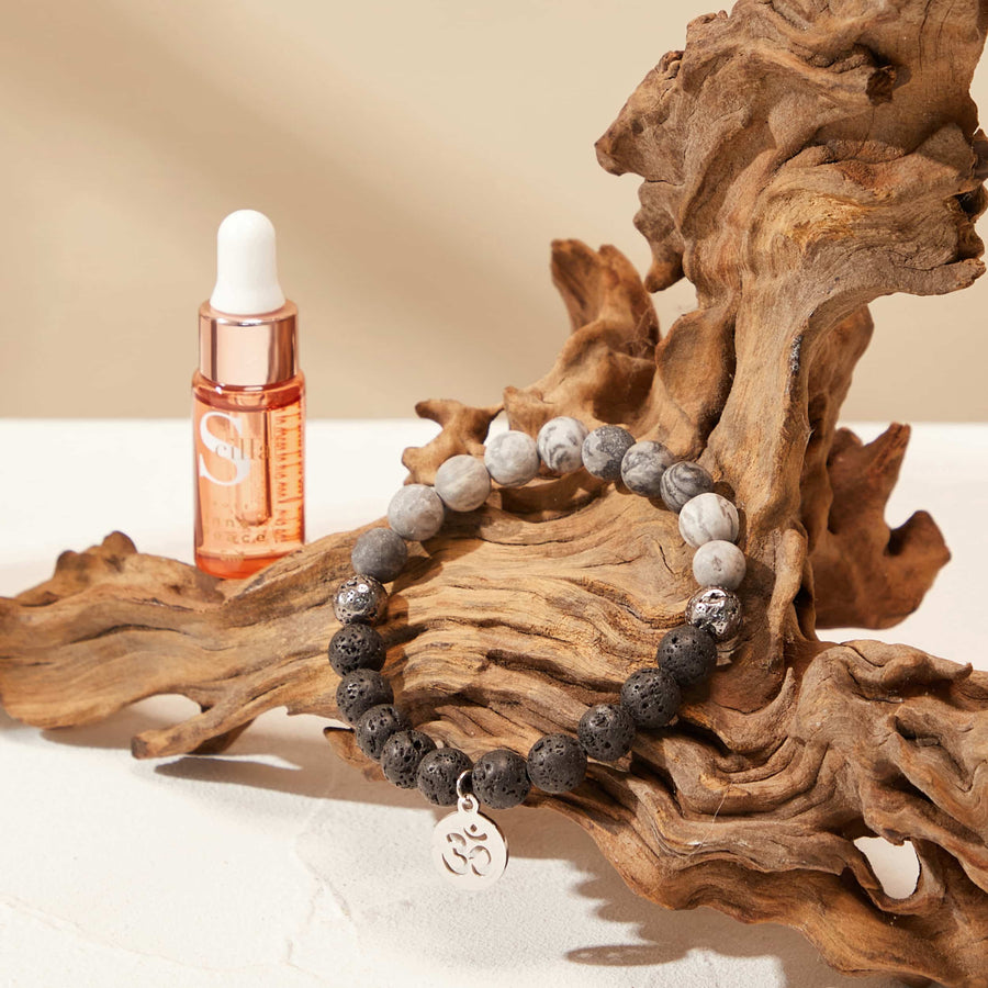 GREY JASPER Lava stone & OM Bracelet Diffuser with Inner Peace Oil Aromatherapy Scilla Rose 