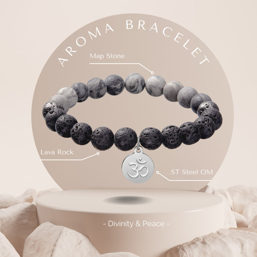GREY MAP Lava stone & OM Bracelet Diffuser with Inner Peace Oil Aromatherapy Scilla Rose 