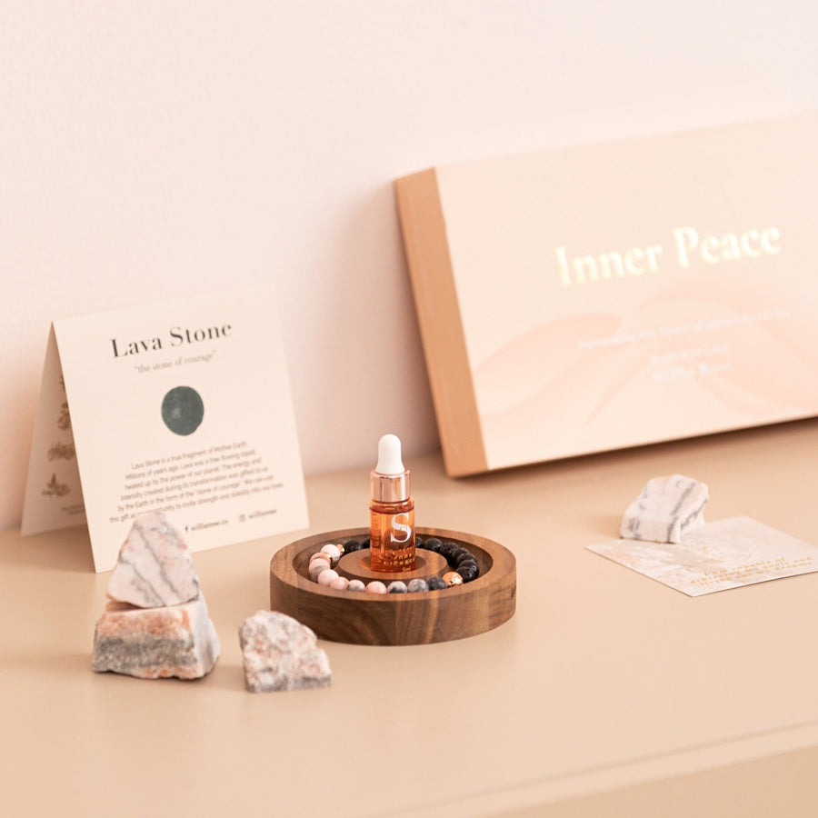 Inner Peace Gift Set for Women, Anxiety Bracelet, Essential Oil Diffuser with Black Walnut Wooden Plate Aromatherapy Scilla Rose 