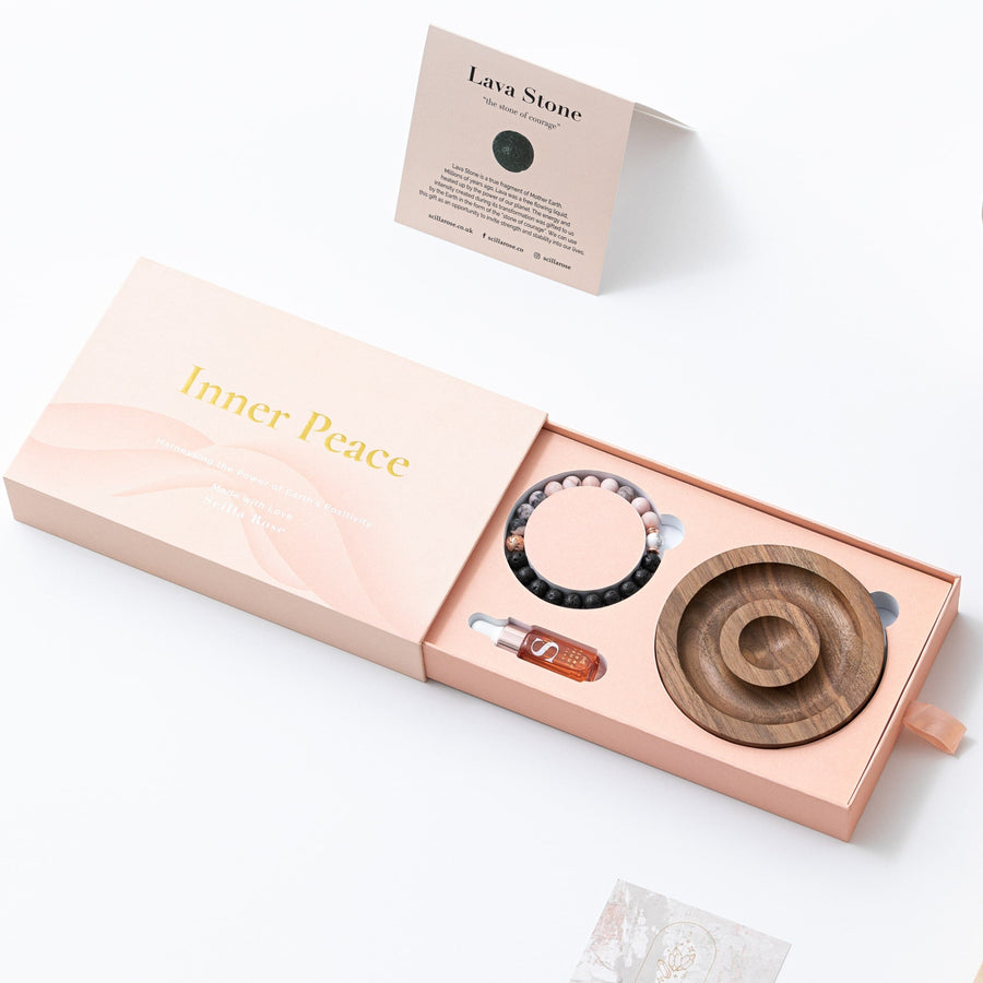 Inner Peace Gift Set for Women, Anxiety Bracelet, Essential Oil Diffuser with Black Walnut Wooden Plate Aromatherapy Scilla Rose 