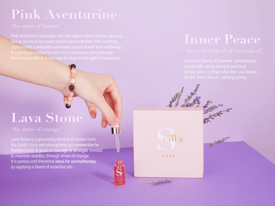 Lava Rock & Pink Aventurine Essential Oil Diffuser Bracelet with Inner Peace Oil Lava Rock Essential Oil Diffuser Bracelet Scilla Rose 