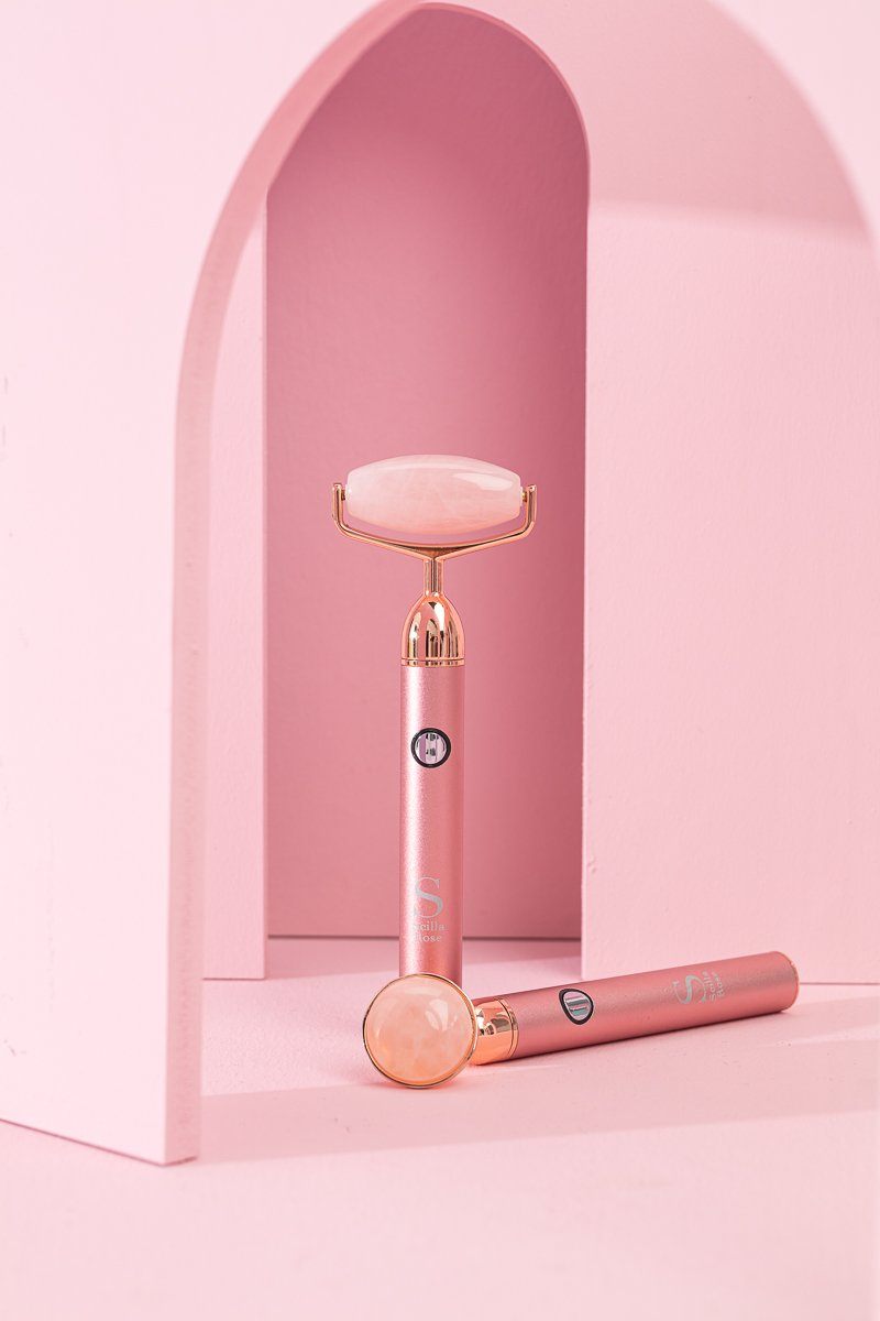 Next Generation Rechargable Dual Headed Rose Quartz Roller with USB Electronic facial massager Scilla Rose 