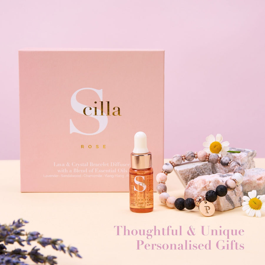 Personalised A-Z Crystal Aromatherapy Bracelet Diffuser with Inner Peace Oil Aromatherapy Scilla Rose 
