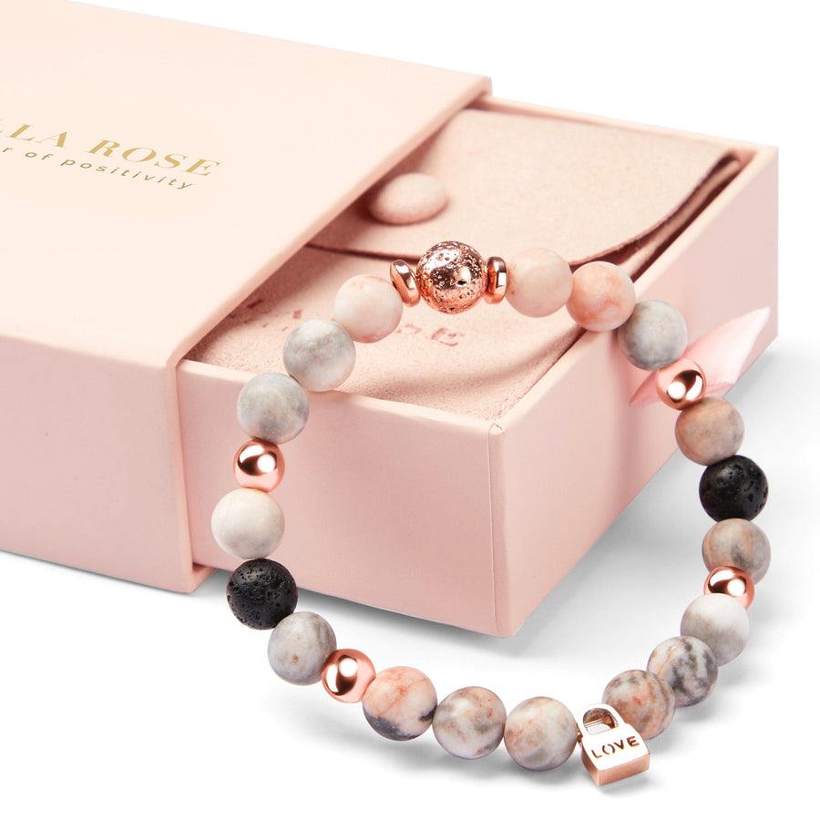 Zebra Jasper Crystal & Lava Rock Love Charm Rose Gold Bracelet Gifts Bracelets Scilla Rose 