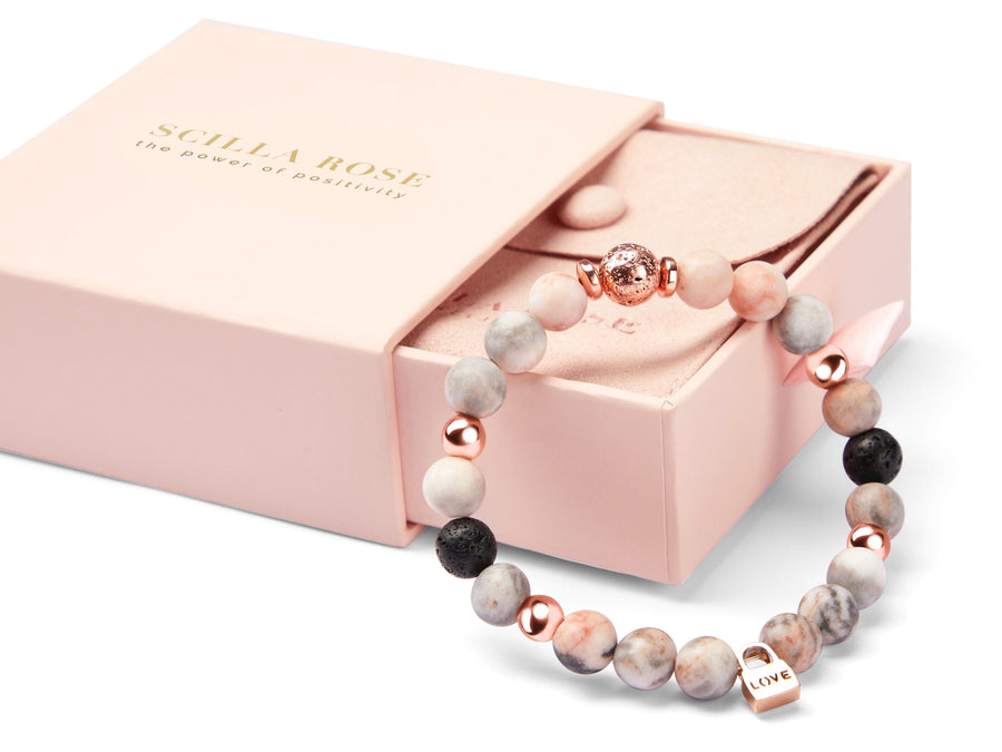 Zebra Jasper Crystal & Lava Rock Love Charm Rose Gold Bracelet Gifts Bracelets Scilla Rose 