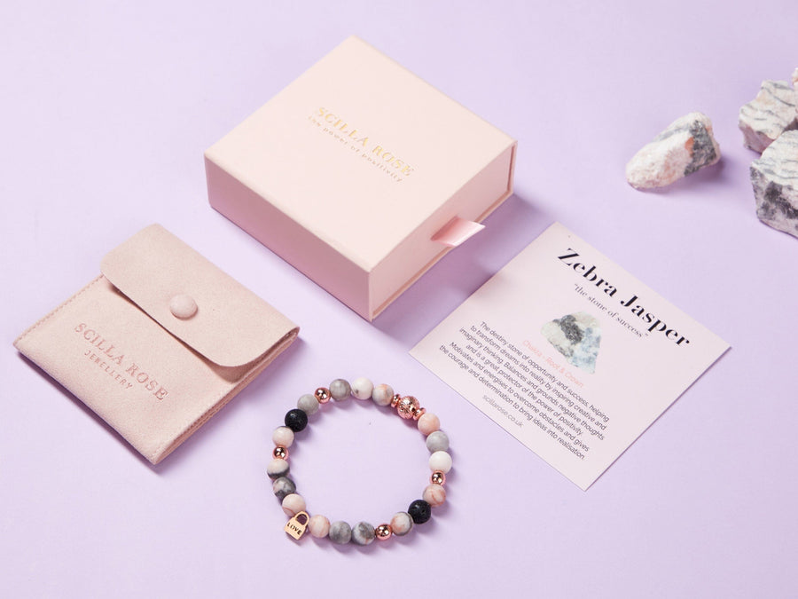 Zebra Jasper Crystal & Lava Rock Love Charm Rose Gold Bracelet Gifts Bracelets Scilla Rose 