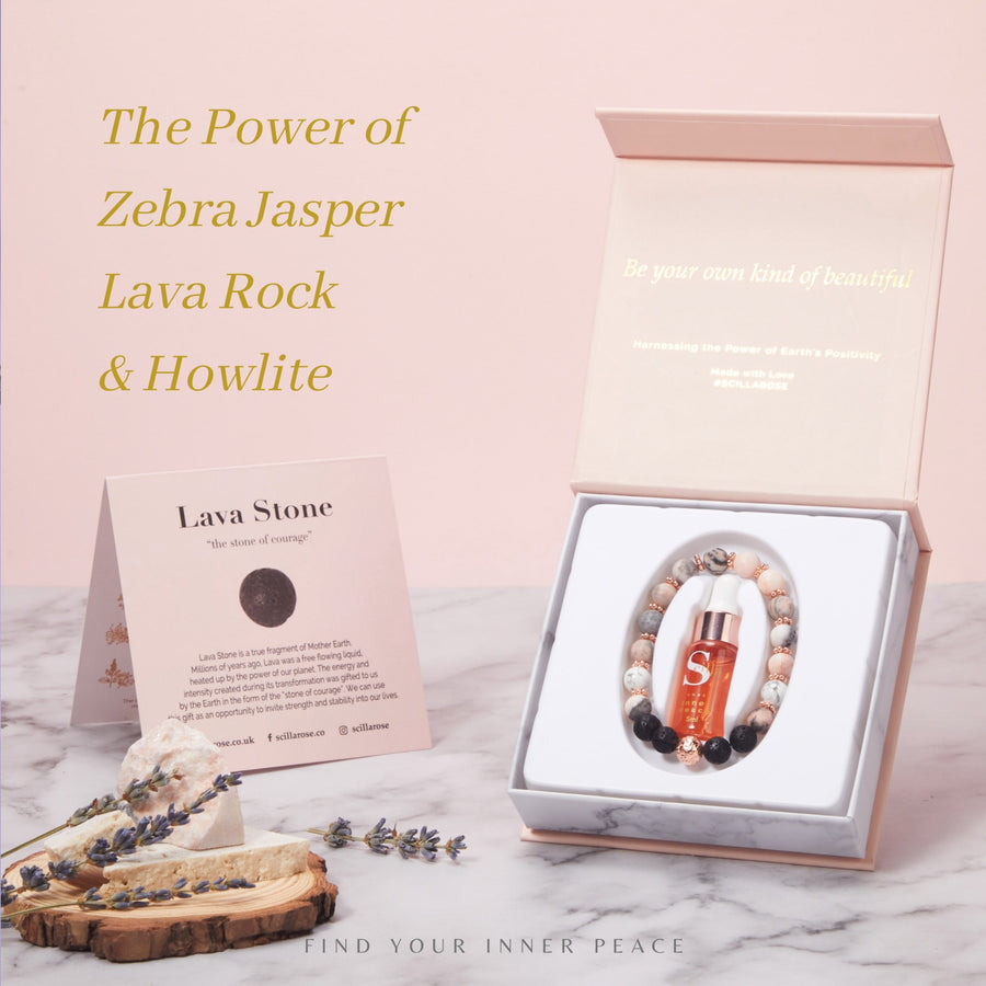 ZEBRA JASPER Flowers & LAVA ROCK Anxiety Bracelet Diffuser with Inner Peace Oil Aromatherapy Scilla Rose 