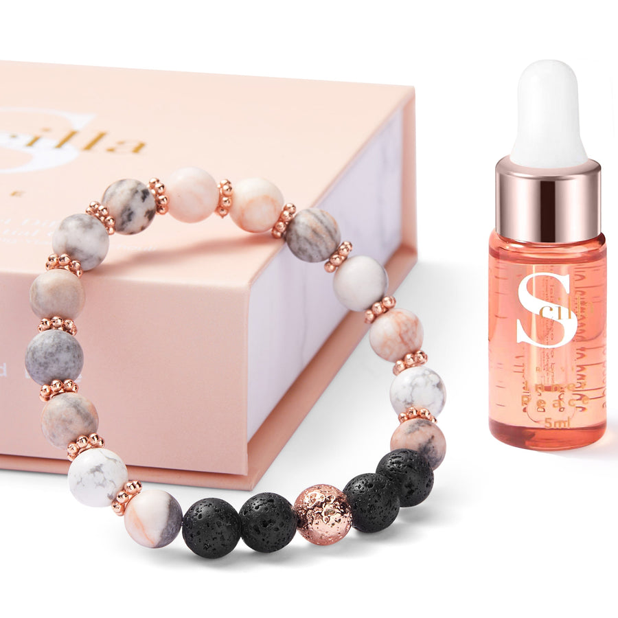 ZEBRA JASPER Flowers & LAVA ROCK Crystal Bracelet Diffuser with Inner Peace Oil Aromatherapy Scilla Rose 