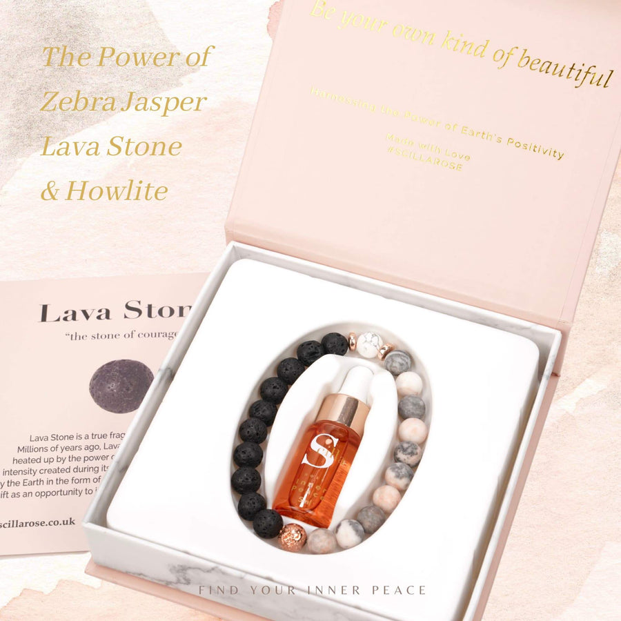 ZEBRA JASPER Lava stone & HOWLITE Bracelet Diffuser with Inner Peace Oil Scilla Rose 
