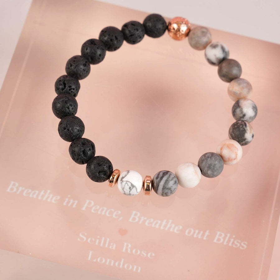 ZEBRA JASPER Lava stone & HOWLITE Bracelet Diffuser with Inner Peace Oil Scilla Rose 
