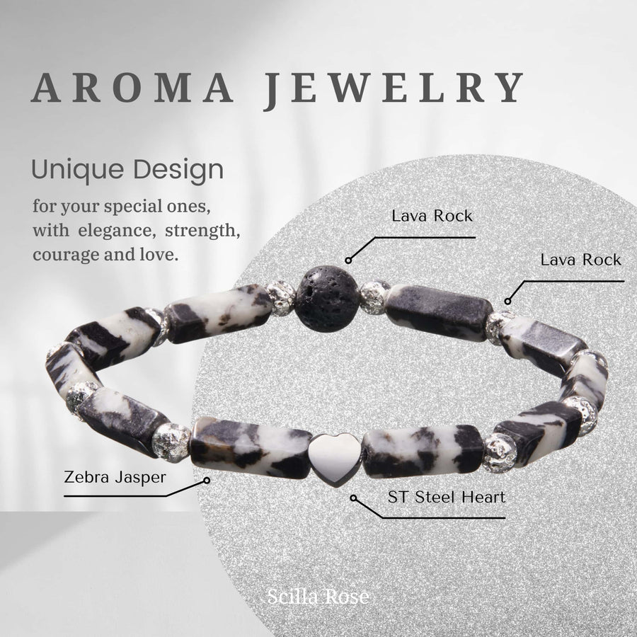 ZEBRA JASPER Lava stone & LOVE HEART Bracelet Diffuser with Inner Peace Oil Aromatherapy Scilla Rose 